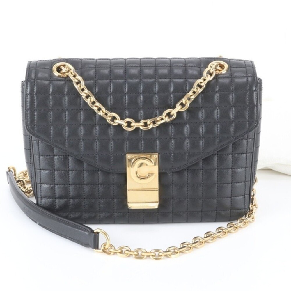 CELINE Shoulder Bag C Medium Black Leather Women's Quilted Chain